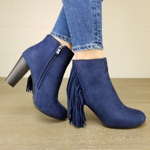 Shoes - Navy Vegan Suede Apache Tassels Boots